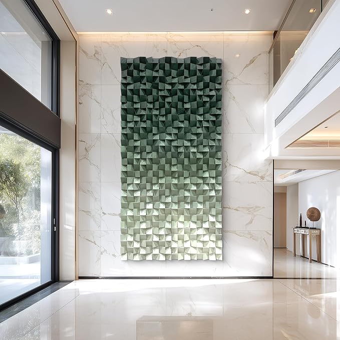 LIUZEYUE Large Green Wood Wall Art Featuring Deep-to-Light Pine Texture | bedroom wall art; muted sage and cream, tactile wood mosaic; hotel waiting-area seating backdrop; 35.4 x 70.9 in by Unknown