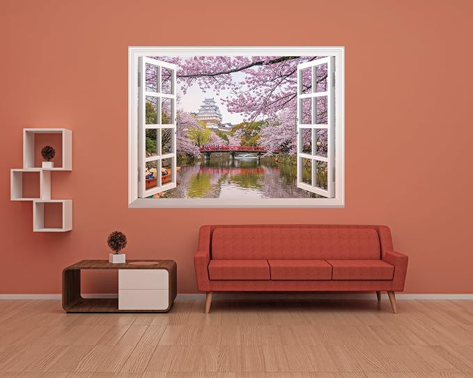 FLFK Fake Window Wall Mural - Cherry Blossom Faux Window Wall Decal for Wall Decor, Peel and Stick Wall Sticker,80"x60",Set of 5 Sheets - Image 4