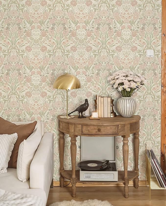 Heroad Vintage Peel and Stick Wallpaper Pink and Green Floral Contact Paper | Boho Damask Wallpaper,17.3''x393'',Removable Renter Friendly Wall Paper for Bathroom Bedroom Laundry,Self Adhesive Vinyl - Image 3