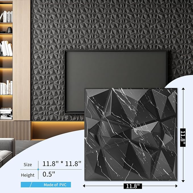 Art3d A10315BM 3D Diamond Design Paneling for Interior Decor, Living Room, TV Wall Background, Bedroom, Gaming Setup, 11.8" x 11.8", Black Marble, 33 Pack - Image 6