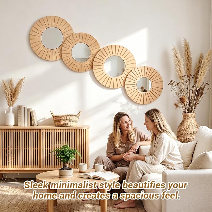 Yerliker 4 Pack Boho Wall Decor Mirror 12" 10" Hanging Baskets Wall Art Decorative Round Mirror with Wooden Frame Rustic Farmhouse Home Decor for Bedroom Living Room Dining Room Nursery - Image 4
