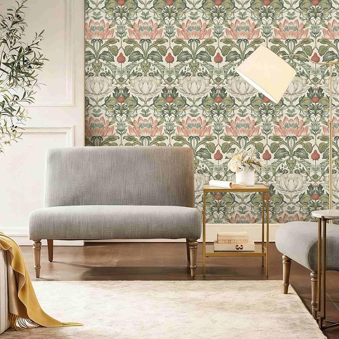Vintage Wallpaper William Morris Botanical Peel and Stick Wallpaper | Symmetrical antique floral wildlife vinyl wall covering, removable & waterproof, for cottage living room interior decoration. - Image 2