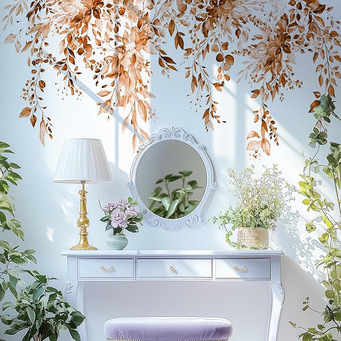 Orange Plants Leaves Wall Decals Peel and Stick, Large Floral Flowers Vinyl Wall Stickers, Removable Vine Home Decor Art for Bedroom Living Room Classroom Office by VePret