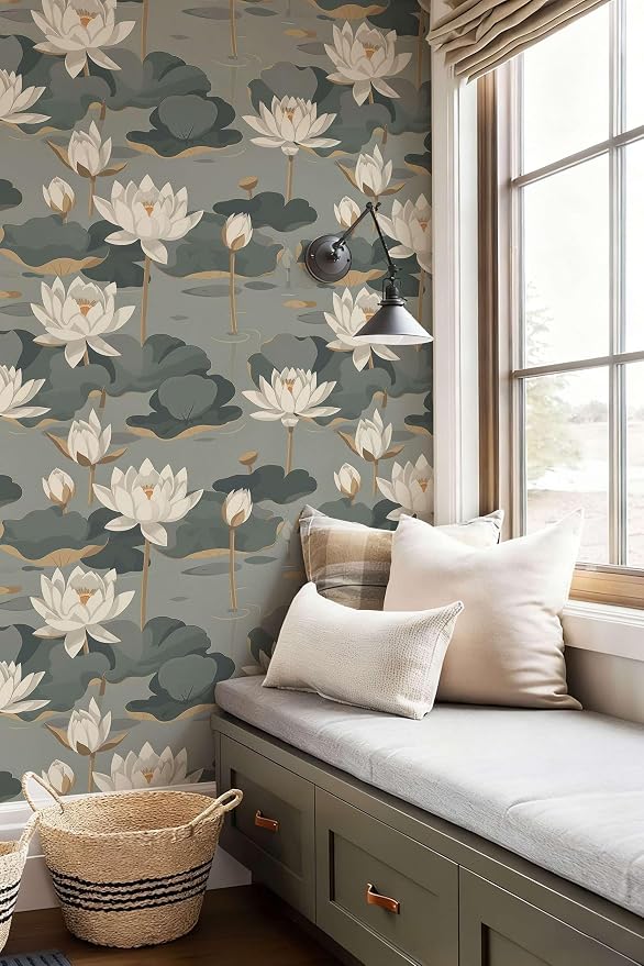 Lotus Flower Peel and Stick Wallpaper, Elegant Asian Botanical Water Lily Design (Gray-Green) Classic Plants for Home Decor | 17.7" x 118", Self-Adhesive, Waterproof Vinyl - Image 3