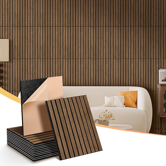 16" x 12" Acoustic Panels 12 Pack, Self-Adhesive 3D Wall Tile Walnut | Polyester Panels for Sound Absorption, Covers 16 Sq Ft, Odor-free, Harmless to Breathe & Touch, Reduce Noise and Echo, Walnut by laapee