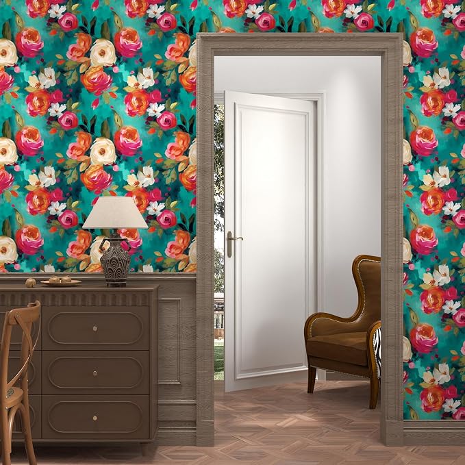 BOKEBEVE Floral Wallpaper Peel and Stick Boho Teal Blue 17.5 x 393.5In | Extra Long Removable Renter Friendly Vibrant Watercolor Wall Paper for Bedroom Bathroom Living Room Feature Accent Wall - Image 3