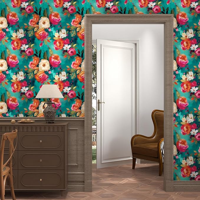 BOKEBEVE Floral Wallpaper Peel and Stick Boho Teal Blue 17.5 x 118In | Removable Self Adhesive Renter Friendly Vibrant Watercolor Wall Paper for Bedroom Bathroom Living Room Feature Accent Wall - Image 2