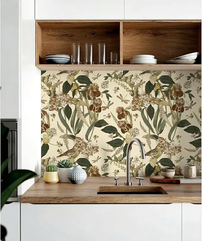 Beige Floral Bird Peel and Stick Wallpaper for Cabinet 17in x 118in | Flower Contact Paper Vintage Floral Wallpaper Boho Self Adhesive Waterproof Wall Paper Botanical Removable Decorative Vinyl - Image 6