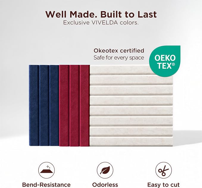 VIVELDA Felt Bulletin Board Tiles 48"x36" - 12-Pack Cork Board Alternative, Oeko-TEX Certified, NRC 0.95 Acoustic Wall Panels, Damage-Free Adhesive, Slatted Design, Home Office & Classroom (Salmon) - Image 4
