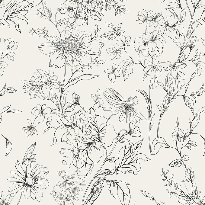 Hopepak Black and Cream White Wallpaper Floral Peel and Stick Wallpaper 17.3" x 78.7" Self Adhesive Removable Vintage Wall Paper for Bedroom Flower Boho Contact Paper for Cabinets Drawers Vinyl by Hopepak