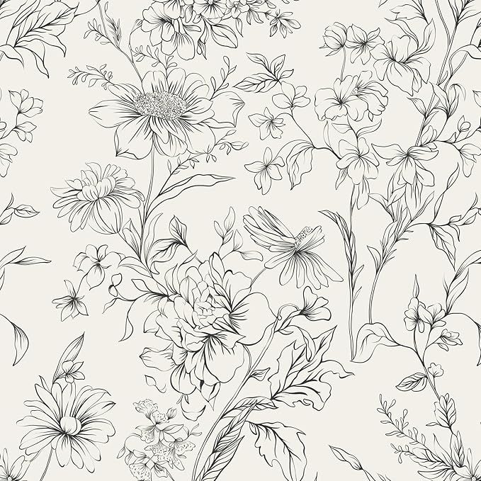 Hopepak 17.3''x197'' Floral Peel and Stick Wallpaper Black and Cream White Contact Paper Self Adhesive Removable Wall Paper for Bedroom Bathroom Cabinet by Hopepak