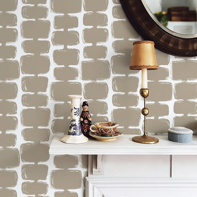 Safiyya Peel and Stick Wallpaper Mid Century Modern Abstract Contact Paper Geometric Wall Paper Self Adhesive Removable Wallpaper for Bathroom and Bedroom Vinyl 17.3"x78.7" Light Brown and White - Image 2