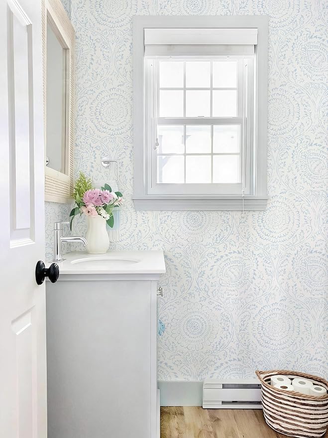 Ismoon Blue Wallpaper Peel and Stick Boho Floral Contact Paper 17.3x78.7in | Renter Friendly Wall Paper Textured Self Adhesive Removable Wallpaper for Bedroom Kitchen Thicken Vinyl Waterproof - Image 3