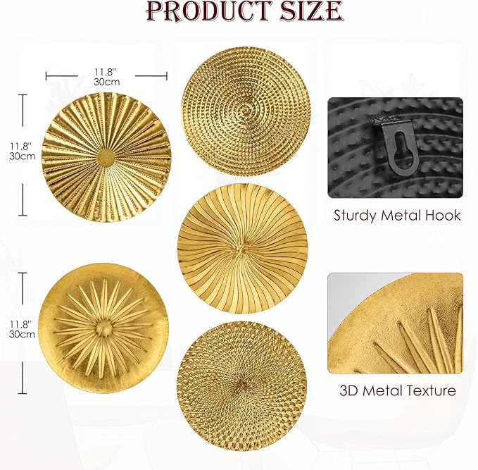 Briful 12" Gold Wall Décor Pack of 5 Metal Starbursts Radial Plate Wall Art Modern Accent Hanging Wall Decorations For Home Office Bedroom Or Living Room Sculptures - Image 2
