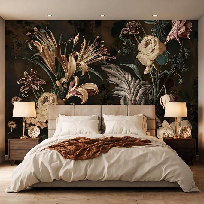 PYFFYP-Dark Flower Peel and Stick Wallpaper Vintage Plant wall murals by PYFFYP