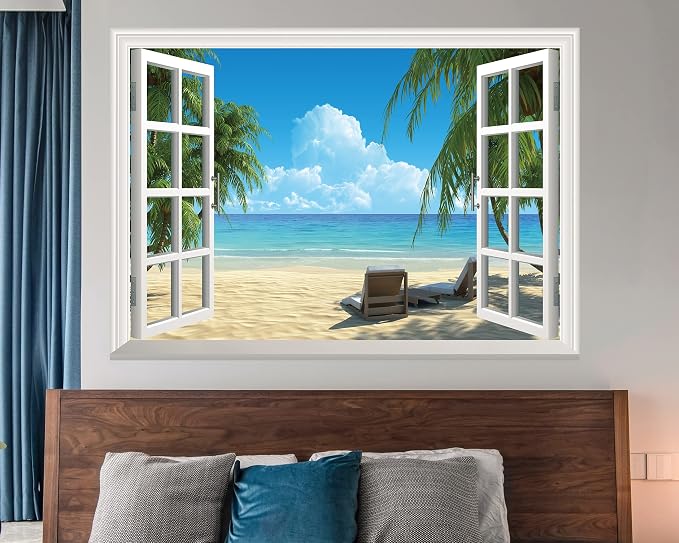 FLFK Fake Window Wall Sticker - Summer Beach Faux Window Wall Mural for Wall Decor, Stick and Peel Wall Decals,48"x32",Set of 2 Sheets - Image 3