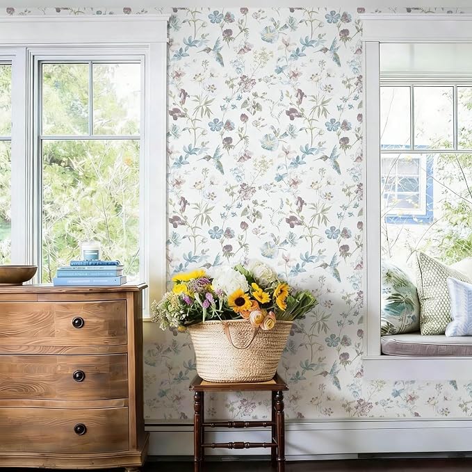 Ismoon Floral and Bird Peel Stick Wallpaper Blue Contact Paper 17.3x78.7in | Hummingbird Flower Wall Paper Removable Self Adhesive Waterproof Vinyl Wallpaper for Bedroom Cabinet Wall Decro - Image 3