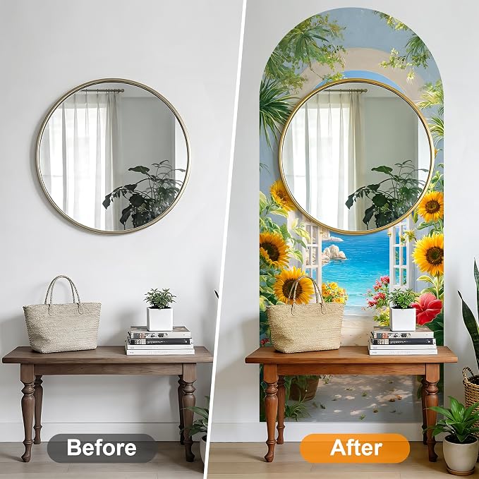 Arch Wall Decals Peel and Stick, Large Wall Stickers, Removable Home Decor Art Wallpaper for Bedroom Living Room, Floral Pattern, 71'' 31.7'' - Image 4