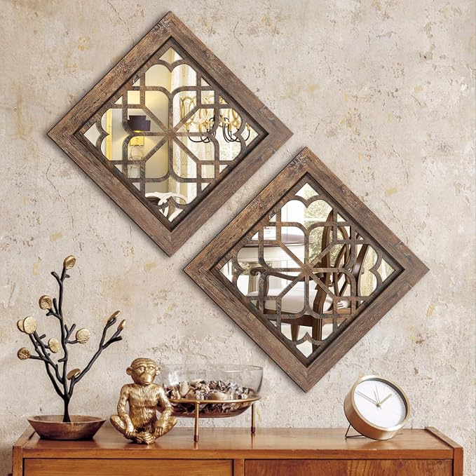 Boho Wall Mirror Decor, Set of 2 Rustic Farmhouse Mirror 12x12 Inch, Square Shatterproof Vintage Style Mirrors for Wall, Small Decorative Mirrors for Living Room, Bedroom，Maroon by HMANGE