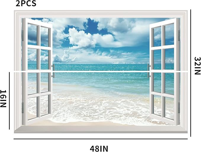 FLFK Fake Window Wall Sticker - Summer Beach 48"x32" Split into 2 Pieces | Peel and Stick Faux Window Wall Mural for Wall Decor - Image 2