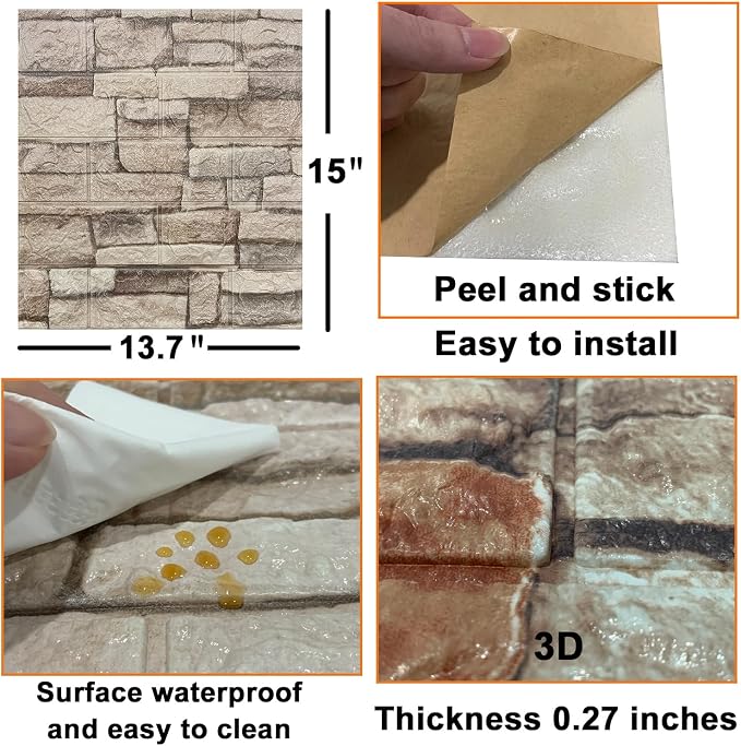 Yutianli 20PSC 3D Wall Panels Peel and Stick Faux Brick Wall Panels Self-Adhesive 3D Brick Wallpaper Foam Stone Wall Panel - Image 7