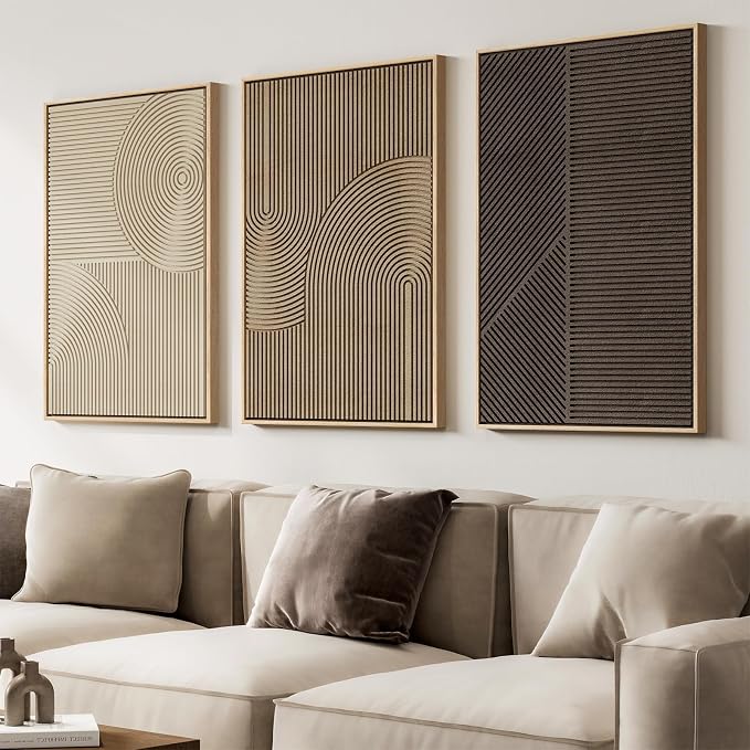 Large 3D Framed Neutral Abstract Wall Art for Living Room, 3 Piece 24x36 In | Solid Wood Frame, Textured Paintings, Beige Brown Tan Geometric Sculptural, Pictures Wall Decor Living room Bedroom Office - Image 5
