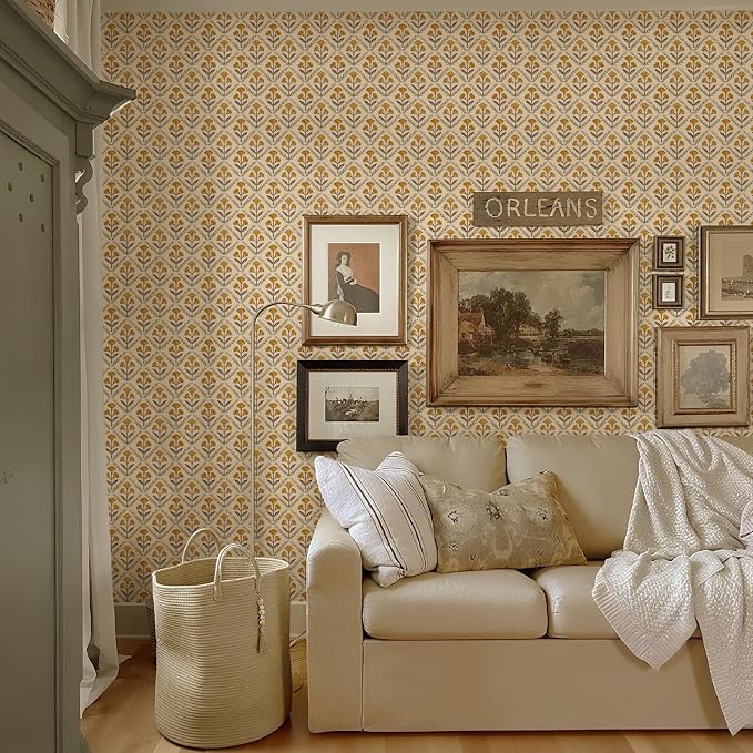 Dimoon 17.3''x197'' Peel and Stick Wallpaper Floral Cute Contact Paper Vintage Village Country Cottage Wallpaper Farmhouse Yellow Beige Renter Friendly Geometry Waterproof Embossed Kitchen Bedroom - Image 6