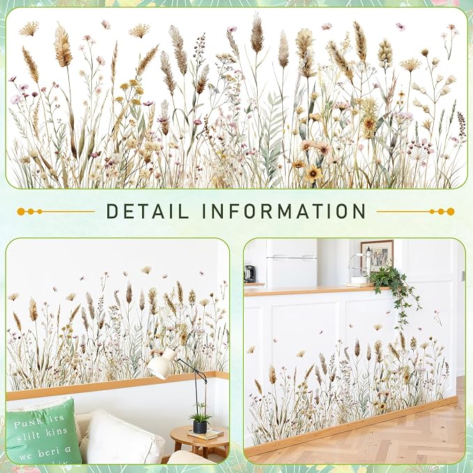 2 Pack Floral Baseboard Wall Stickers - Removable Peel & Stick Decals (3 Styles: Reeds, Flowers, Dandelions) - DIY Home Decor for Kids Girls Walls, Nursery, Classroom Wall Corner (Reeds) - Image 3