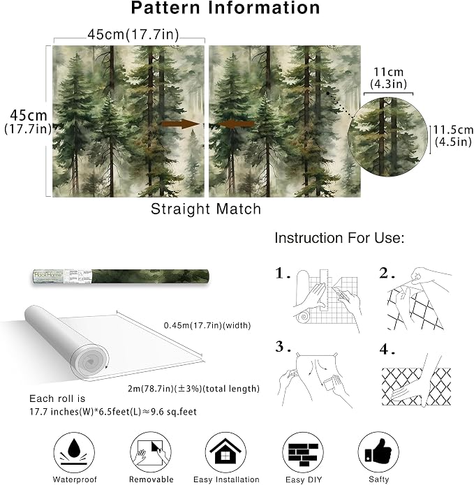 HAOKHOME Forest Peel and Stick Wallpaper Tree Green Woodland Contact Paper | Textured Removable Wall Paper Nature Landscape Mountain Botanical Waterproof Cabinet Shelf Liner Bathroom 17.3in x 6.6ft - Image 7