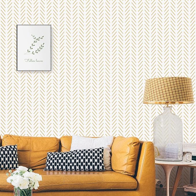 Erfoni Yellow White Peel and Stick Wallpaper Modern Herringbone Wallpaper | 17.7in x 393.7in Geometric Removable Contact Paper Bathroom Peel and Stick Self Adhesive Cabinets Wallpaper Waterproof - Image 9