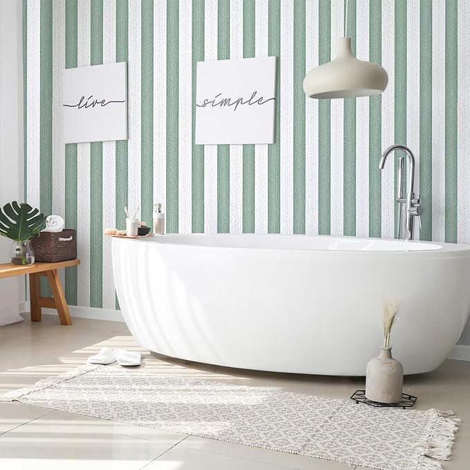 Green Stripe Peel and Stick Wallpaper 15.7" x 118" | Green and White Striped Boho Self-Adhesive Contact Paper Removable Waterproof Wallpaper for Bedroom,Cabinets,Drawer Liners - Image 6