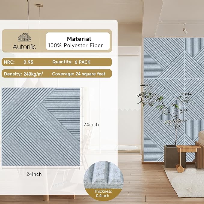 Acoustic Panels,6 Pack,23.6" x 23.6",Sound Panels,Silver Grey | Self-Adhesive Sound Absorbing Panels,3D UV Printing with Wood Print,High-Density Polyester Fiber Peel and Stick Wall Panels - Image 2