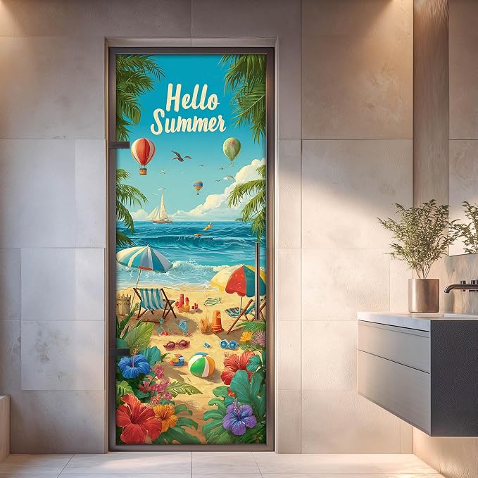 HOMETITUTE Hello Summer Beach Balloon Palm Peel Stick Door 30.3x78.7 PVC | Wall Cover Poster Decals Removable Wallpaper Self Adhesive Livingroom Bedroom - Summer Beach - Image 4