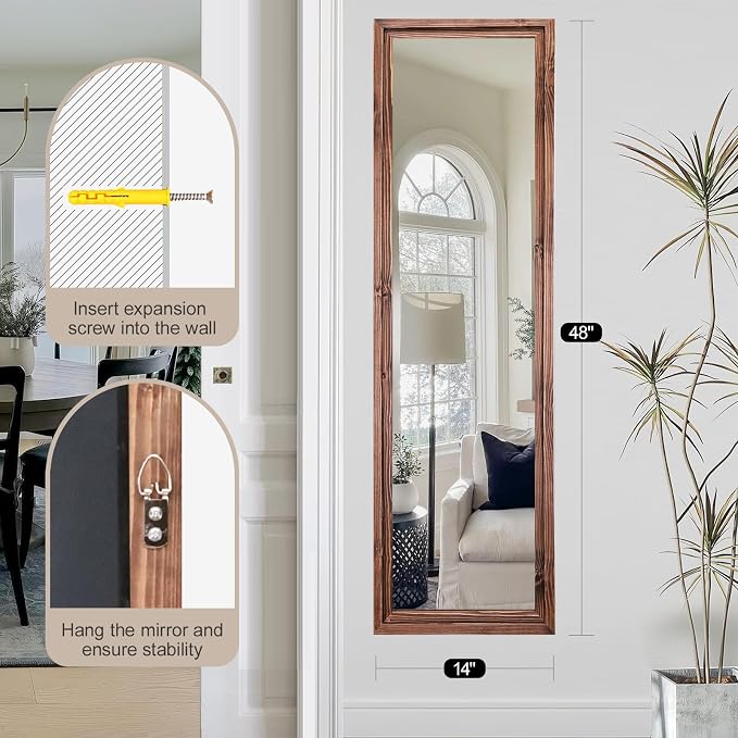 48"x14" Door Mirror, Rustic Full Length Mirror, Over The Door Hanging Mirrors Full Length, Wooden Hanging Mirrors for Bedroom, Bathroom, Brown - Image 7