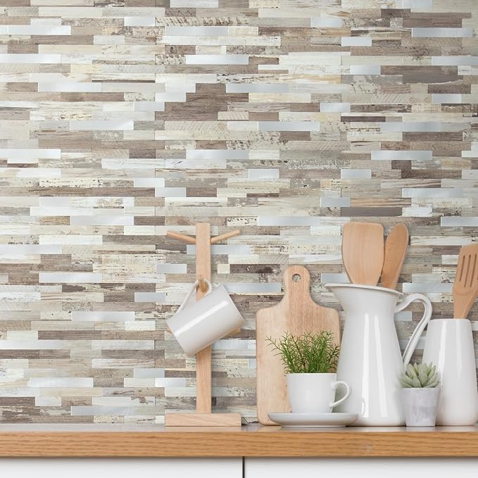 AULIGET Peel and Stick Backsplash, Beige Wood Look PVC Mixed Metal Stick on Bathroom Backsplash, 2 - Image 2