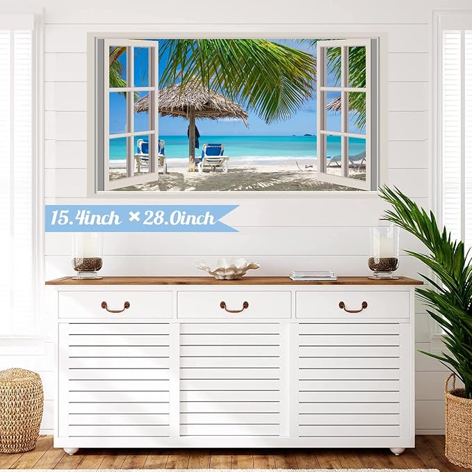 Beach Wall Sticker 3D Fake Windows Wall Stickers Beach Seascape Walls Decals Removable 3D Ocean Walls Decal Blue Sea Landscape Palm Tree Art Mural Vinyl Stickers for Bedroom Living Room Decoration - Image 2