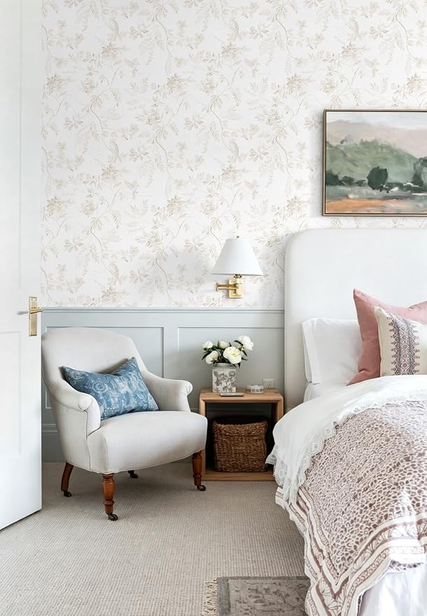 Dimoon 17.3''x197'' Vintage Peel and Stick Wallpaper Boho Beige Neutral Contact Paper White Floral Bird Wallpaper Removable Botanical Renter Friendly Modern Wall Paper Bedroom Bathroom Vinyl Roll - Image 3
