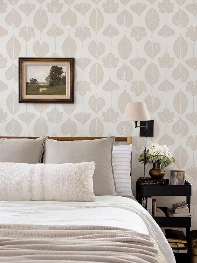 Dimoon Modern Peel and Stick Wallpaper Beige Leaf Contact Paper Botanical Wallpaper Boho Renter Friendly Removable Geometric Wall Paper for Bedroom Kitchen Textured 17.3''x394'' - Image 2