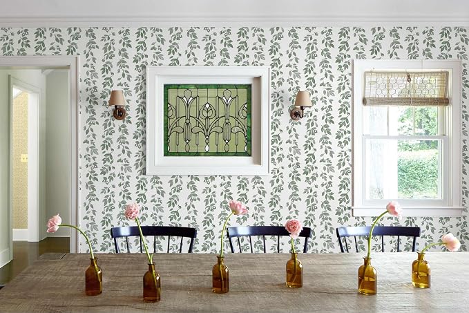 Ismoon Green Wallpaper Peel and Stick Vintage Wallpaper 17.3in x 28.21ft Green Leaf Contact Paper Vintage Cottage Wall Paper for Bedroom Bathroom Kitchen Nursery Removable Vinyl - Image 7