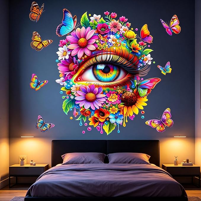 Floral Flower Eye Wall Decals, Trippy Boho Butterfly Wall Stickers | Aesthetic indie flowers butterfly peel and stick wall decor, removable vinyl wall art mural for bedroom living room - Image 4