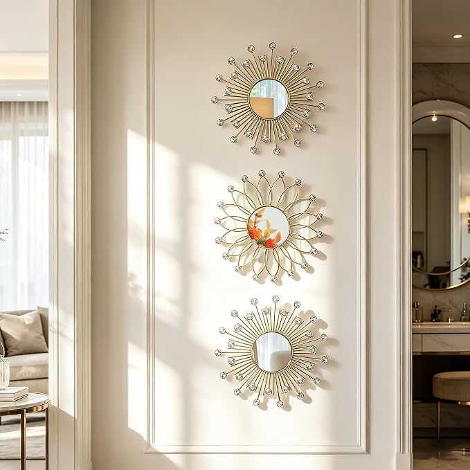 3 Pack Metal Mirrors for Wall Sunburst Wall Mirrors Home Décor Decorative Hanging Wall Art for Living Room Bedroom Entryway (Gold2 Crystal, Flower+Sunburst) - Image 4