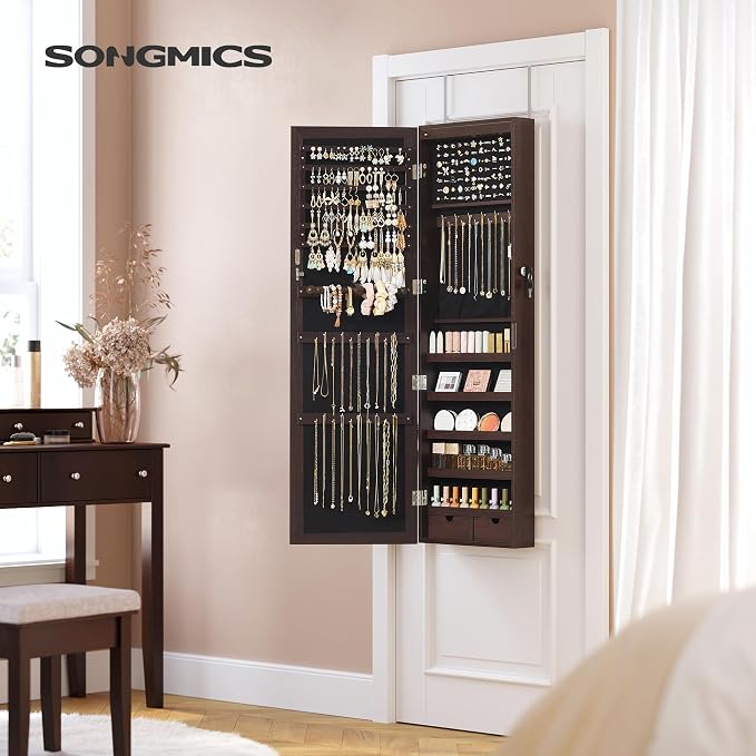 SONGMICS 6 LEDs Mirror Jewelry Cabinet, 47.2-Inch Tall, Lockable - Image 2