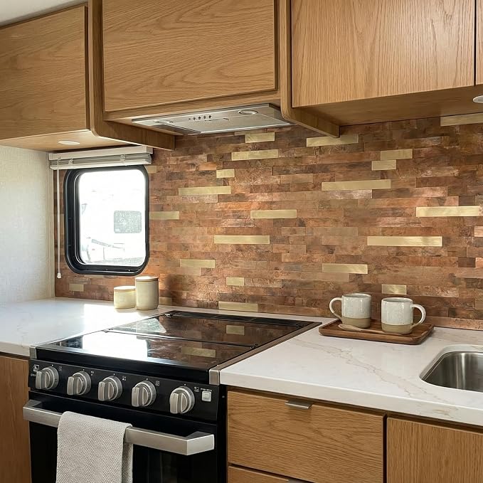Yipscazo 1 Sheet Peel and Stick Metal Tile Backsplash, Stick on Tiles for Backsplash Kitchen, Bathroom, Laundry Room, Camper, Fireplace (12'' X 12'', Copper) - Image 2