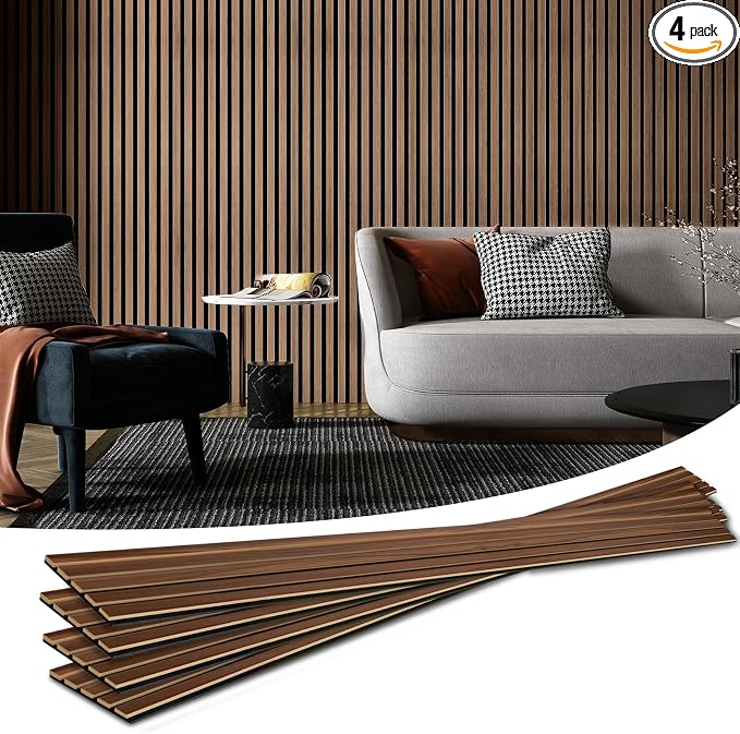 Art3d 4-Pack Soundproof Wood Slat Wall Panels, 94.5 x 7.9 Inch, Walnut | Wood Grain Finish, Effortless Setup, Sustainable, Long-Lasting, Noise Reduction, Easy Care, for Living Room, Bedroom, Office by Art3d