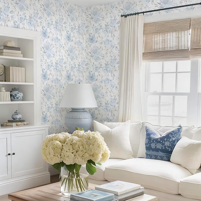 Ismoon Blue Floral Peel Stick Wallpaper Boho Watercolor Stick on Wall Paper | 17.3x78.7in Light Blue Contact Paper Removable Self Adhesive Vinyl Wallpaper for Bedroom Accent Wall Cabinet Decor - Image 4
