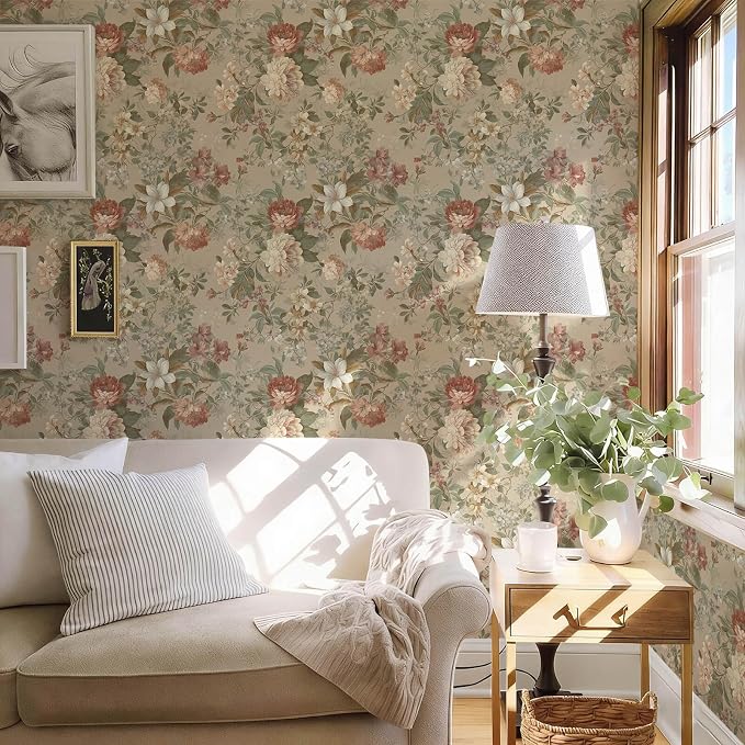 Peel and Stick Wallpaper for Bedroom Vintage Red Floral Self-Adhesive | 78.7"×17.3" Peony French Country Wallpaper Vintage Accent Wall Decor with Grid Lines for Nursery Bathroom Vinyl Waterproof - Image 2