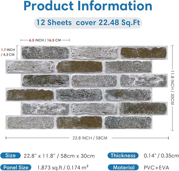 COMSTICKC 3D Peel and Stick Faux Brick Wall Panels for Quick DIY Wall Decor | 12 Pcs 22.8" x 11.8", Not Real Brick, Ultra-Light PVC 3D Fake Brick Wallpaper Decorative Tiles , Cover 22.48 sq ft - Image 5