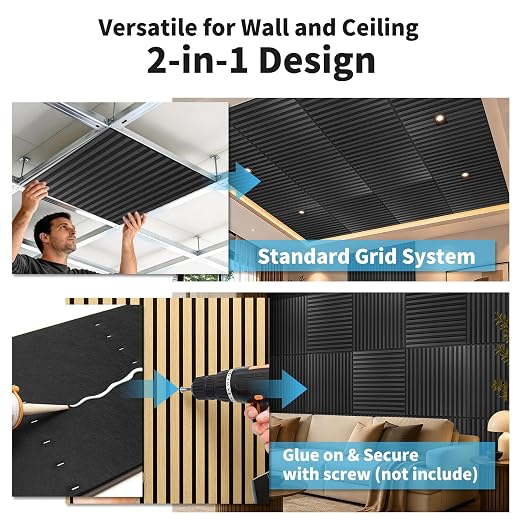 Art3d 12-Pack Acoustic Wood Slat Panel & Ceiling Tile, 2 x 2 ft, Blackwood | Crack-Resistant, Scratch-Resistant, Eco-Friendly, Durable, Grid Compatible, Ideal for Living Room, Bedroom & Home DIY Upgrade - Image 8