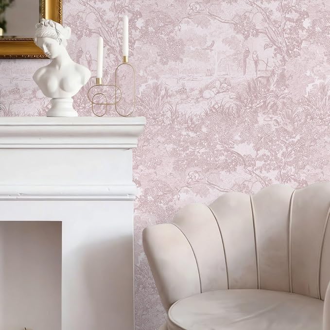 Ismoon Pink Peel and Stick Wallpaper Neutral Wall Paper 17.3in×6.56ft Vintage Removable Self-Adhesive Wallpaper Animals Jungle Contact Paper for Cabinets Bathroom Walls Covering Vinyl Roll - Image 2