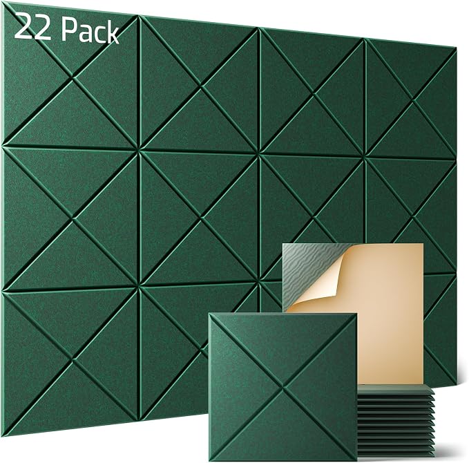 Sonicism 22 Pack X-Lined Acoustic Panels with Self-Adhesive, 12"X 12"X 0.4" Sound Proof Foam Panels, Decorative Soundproof Wall Panels, Sound Absorbing Tile for Home & Offices, Dark Green by Sonicism